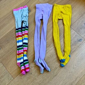 3 pairs of Mini Boden tights. Cotton. Purple Yellow and Striped. EUC sz 5-6, 7-8